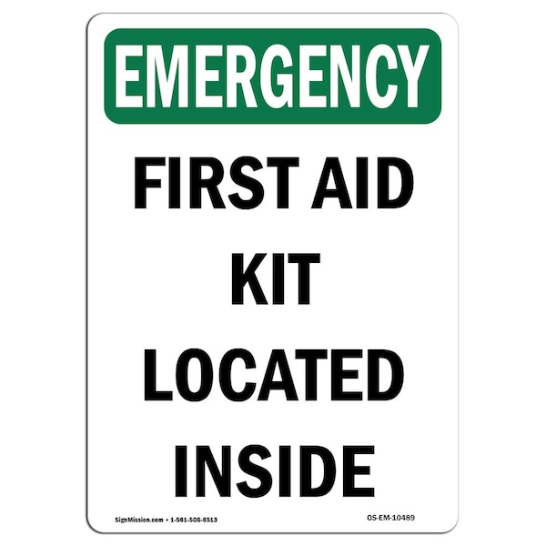Safety Sign, OSHA EMERGENCY, 5" Height, First Aid Kit Located Inside, Portrait, 10PK